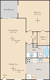 A floor plan of an apartment home with a living area, dining area, kitchen, one bedroom with a walk-in closet and a patio/balcony.