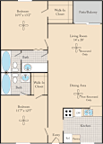 A floor plan of an apartment home with a living area, dining area, kitchen, two bedrooms with a walk-in closet and a patio/balcony.