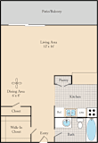 A floor plan of a home with a living area, dining area, kitchen, bathroom, and pantry.