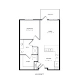 A floor plan of a 653 square foot home.