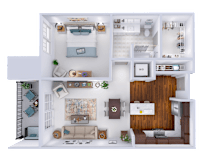 a 3d floor plan of a house with a bedroom and a living room