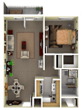 floorplan of a one-bedroom 1 bathroom unit with a balcony.