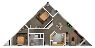 floorplan of a 2 bedroom 1 bath unit with a fireplace. This is a corner unit.