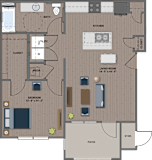 A floor plan of a house with a living room, kitchen, and two bedrooms.