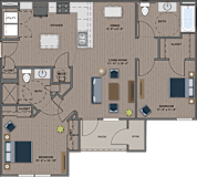 A floor plan of a house with a living room, kitchen, dining room, and two bedrooms.