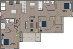 A floor plan of a house with a kitchen, living room, bedrooms, and bathrooms.