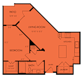 One bedroom apartment floorplan with patio at Bridge at Windsor Park Apartments, Austin, TX 78723