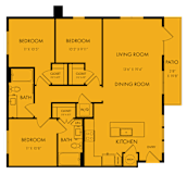 Three bedroom two bath apartment floor plan at Bridge at Windsor Park Apartments, Texas, 78723