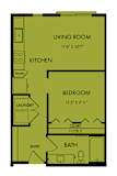 One bedroom one bathroom floor plan layout at Bridge at Windsor Park Apartments, Texas