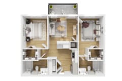 3D floor plan with two bedrooms and bathrooms 2 at Matador Apartments, Austin, 78745