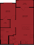 1 bed one bathroom floorplan with walk-in closet at Bridge at Saffron Apartments, Austin, TX