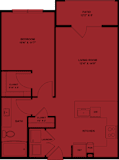 One bedroom 1 bathroom floorplan with patio at Bridge at Saffron Apartments, Austin, 78717