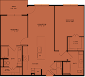 2 bed 2 bath floorplan with patio at Bridge at Saffron Apartments, Austin, Texas