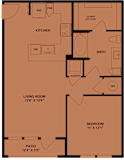 One bedroom floor plan with patio and laundry at Northwoods Apartments, Spring, 77388