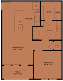 One bedroom apartment floor plan layout at Northwoods Apartments, Spring, Texas