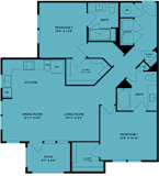 Two bedroom two bath apartment floor plan at Northwoods Apartments, Texas