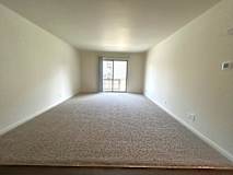 A carpeted  living room with a door leading to a balcony.
