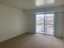 A living room with a carpeted floor and a sliding glass door.