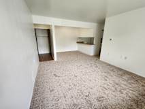 The living room with the dining area in the back right.