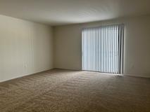 A living room with a carpeted floor and a window with blinds.