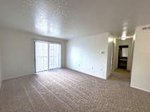 A living room with a carpeted floor and a window with blinds.