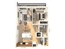 3D floor plan showing one bedroom layout at 3 Notch'd Flats Apartments, Henrico, Virginia