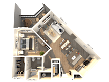 3D floor plan with bedroom and outdoor balcony at 3 Notch'd Flats Apartments, Henrico, VA
