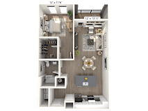 A 3D floor plan of a small apartment with a kitchen, living room, and bathroom
