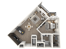 A 3D rendered image of an apartment layout with a kitchen, living room, and bathroom