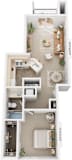 One bedroom one bath 3D floorplan with balcony at Black Sand Apartments Homes, Lincoln, NE