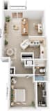 One bed one bathroom 3D floorplan with balcony at Black Sand Apartments Homes, Lincoln, 68504
