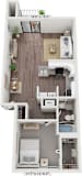One bedroom 1 bathroom floorplan with balcony at Byron Lakes Apartments, Byron Center