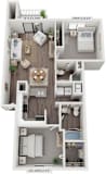 2 bedroom 2 bath 3D floorplan with balcony at Byron Lakes Apartments, Byron Center, Michigan