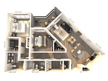 3D floor plan with two bedrooms and balcony at 3 Notch'd Flats Apartments, Henrico