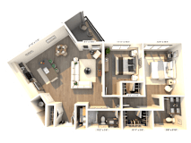 3D floor plan with two bedrooms and walk-in closets at 3 Notch'd Flats Apartments, Henrico, Virginia