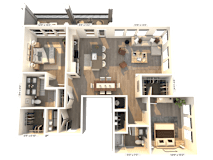 Two bedroom floor plan with dual closets at 3 Notch'd Flats Apartments, Henrico