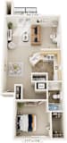 One Bedroom One Bath End 3D Floorplan | 815-830 Sq. Ft. at Dupont Lakes Apartments, Indiana, 46825