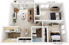 Two bedroom 1 bath floorplan at Granada Apartments, Jackson, MI