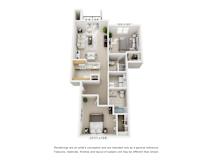 Two bedroom 3D floor plan with balcony at Heatherwood Apartments, Michigan