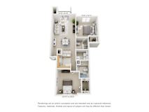 Two bedroom two bathroom 3D floor plan at Heatherwood Apartments, Grand Blanc, MI 48439