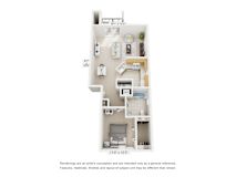 One bedroom floor plan with balcony and bathroom at Heatherwood Apartments, Grand Blanc, MI