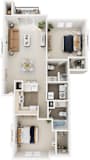 Traditional Two Bedroom 3D floor plan at The Highlands Apartments, Elkhart