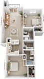 Two bedroom 3D floor plan at Hunters Pond Apartment Homes, Champaign, IL