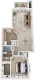 Front-to-Back One Bedroom 3D Floor Plan at Irish Hills Apartments, South Bend, IN