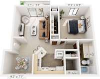Seville One Bedroom 3D Floor Plan at Irish Hills Apartments, Indiana, 46614