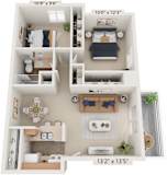 Classic Two Bedroom 3D Floor Plan at Irish Hills Apartments, South Bend, 46614