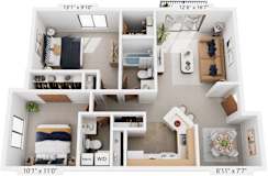 Seville Two Bedroom 3D Floor Plan at Irish Hills Apartments, South Bend, IN, 46614