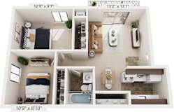 Standard Two Bedroom 3D Floor Plan at Irish Hills Apartments, South Bend