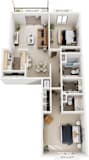Two Bedroom Walk-thru 3D Floor Plan at Irish Hills Apartments, South Bend, IN