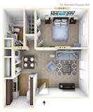 One bedroom apartment 3D floor plan layout at Huntington Place Apartments, Essexville, Michigan